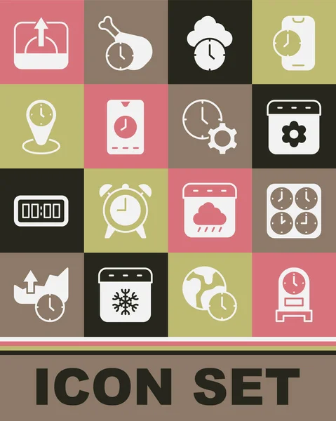 Set Antique clock, Time zone clocks, Calendar spring, Clock, Alarm app mobile, Sunrise and management icon. Vector — Image vectorielle