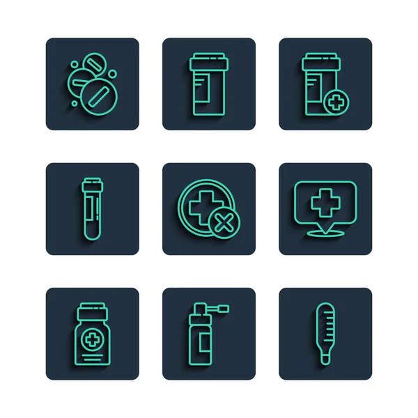 Set line Medicine bottle, Bottle with nozzle spray, Medical thermometer, Cross hospital medical, Test tube blood, pill or tablet and Map pointer cross icon. Vector — Image vectorielle