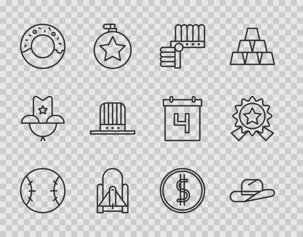 Set line Baseball ball, Western cowboy hat, Indian headdress with feathers, Rocket launch from spaceport, Donut, Patriotic American top, Coin money dollar and Medal star icon. Vector — Vector de stock