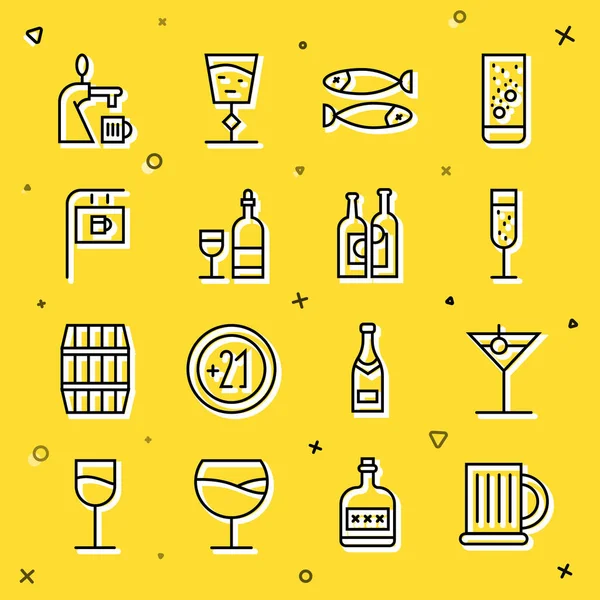 Çizgi, tahta bira bardağı, martini bardağı, bir bardak şampanya, kurutulmuş balık, şarap şişesi, levha barı, bira fıçısı ve şişe şarap ikonu. Vektör