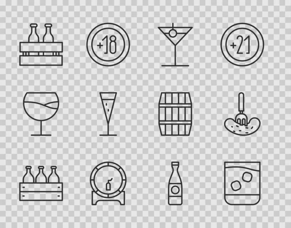 Ahşap bir kutuda şarap şişeleri, cam viski, martini bardağı, rafta tahta fıçı, bira şişeleri, şampanya, bira ve turşu çatalı ikonu. Vektör