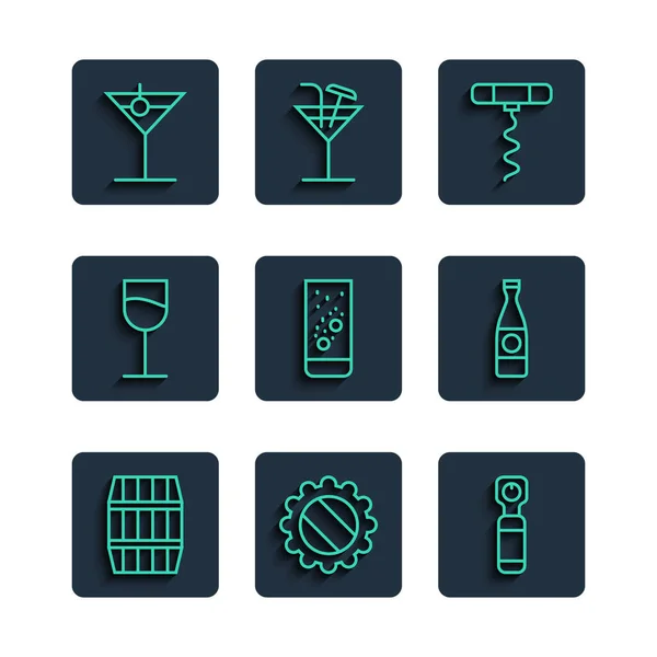 Tahta fıçı, şişe kapağı, açacağı, şarap tirbuşonu, Effervescent tabletleri su, bardak, martini ve bira şişesi ikonu. Vektör — Stok Vektör