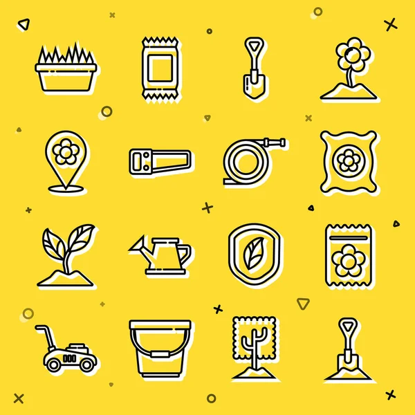 Toprağa kürek, tohum tohumu, el testeresi, çiçekli konum, taze çimen dikdörtgen ve bahçe hortumu ya da yangın hortumu ikonu koyun. Vektör
