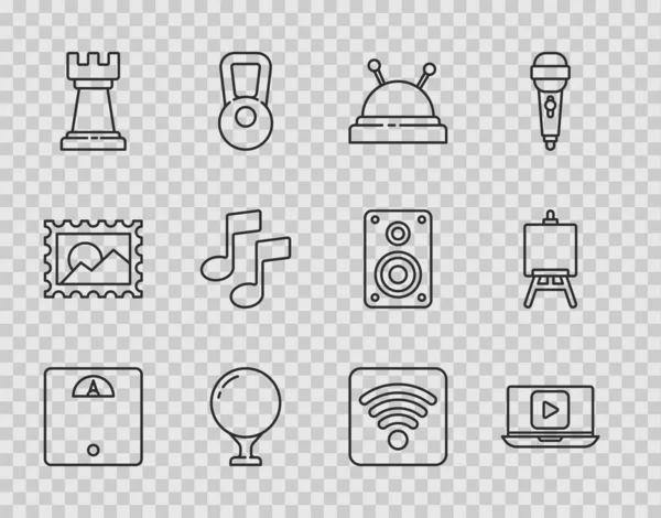 Set line Bathroom scales, Online play video, Needle bed and needles, Golf ball on tee, Business strategy, Music note, tone, Wi-Fi wireless internet network and Easel painting art boards icon. Vector — Stockvektor