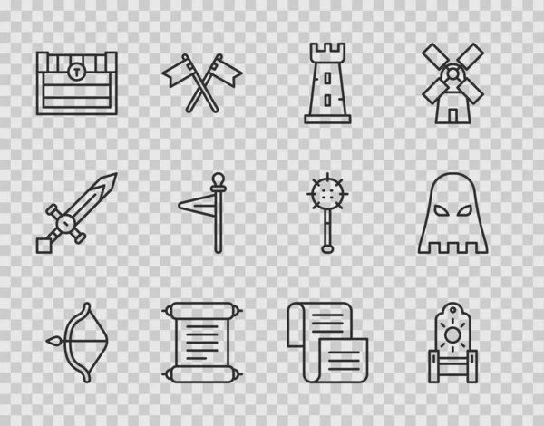 Set line Medieval bow and arrow, throne, Castle tower, Decree, parchment, scroll, Antique treasure chest, flag, and Executioner mask icon. Vector — 스톡 벡터