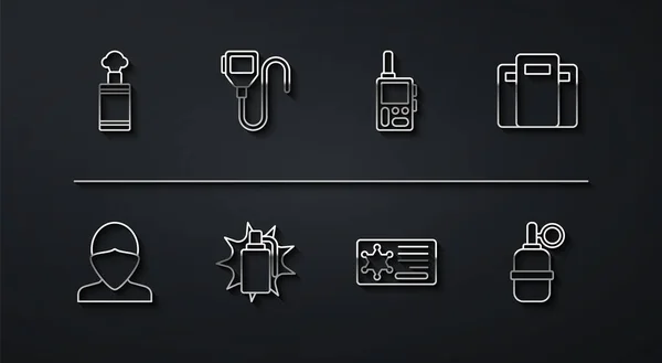 Set line Hand grenade, Vandal, Police assault shield, badge, Walkie talkie, and icon. Vector — Stockvector
