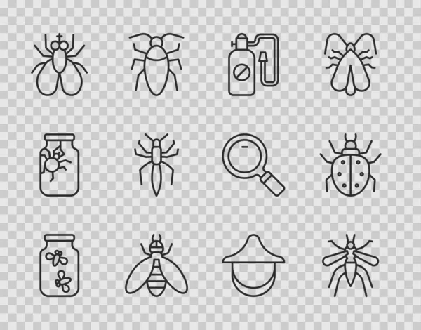 Set line Fireflies bugs in a jar, Mosquito, Pressure sprayer, Bee, Insect fly, Spider, Beekeeper hat and Mite icon. Vector — Stockvektor