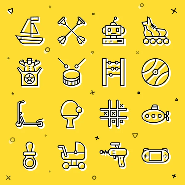 Set hattı taşınabilir video oyun konsolu, denizaltı oyuncağı, basketbol topu, robot, bagetli davul, kutu Jack, oyuncak bot ve abaküs ikonu. Vektör