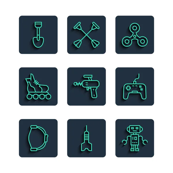 Set line Juguete de proa, flecha dardo, robot, Fidget spinner, pistola de rayos, patín sobre ruedas, pala y Gamepad icono. Vector — Vector de stock