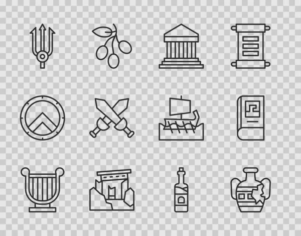 Set line Ancient lyre, Broken amphorae, Parthenon, ruins, Neptune Trident, Crossed medieval sword, Bottle of wine and Greek history book icon. Vector — Stock Vector