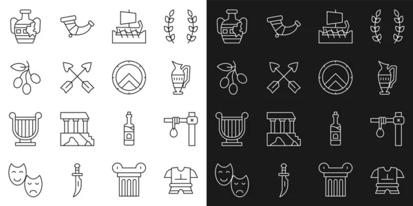 Set line Body armor, Gallows, Ancient amphorae, Greek trireme, Crossed arrows, Olives branch, Broken and shield icon. Vector — стоковий вектор