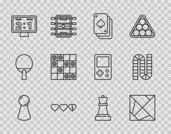 Setline-Chip für Brettspiele, Rubik-Würfel, Spielkarten, Herzen, mechanische Anzeigetafel Sport, Damebrett, Schach und Symbole. Vektor — Stockvektor