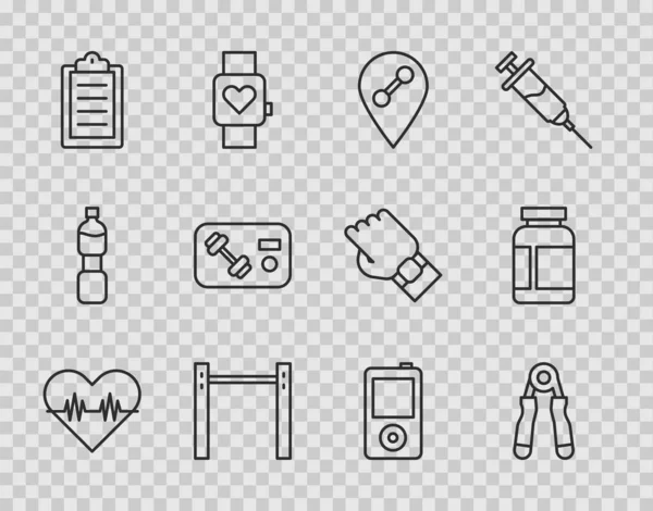 Set line Heart rate, Sport expander, Location gym, Horizontal bar, training program, Fitness club, card, Music player and Sports nutrition icon. Vector — Archivo Imágenes Vectoriales