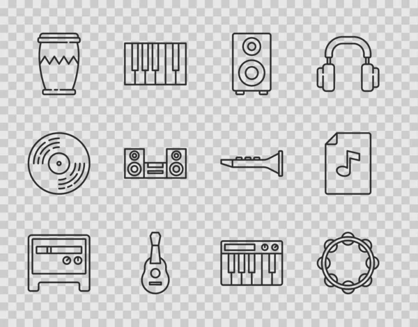 Set line Guitar amplifier, Tambourine, Stereo speaker, Drum, Home stereo, Music synthesizer and book with note icon. Vector — Stockvector