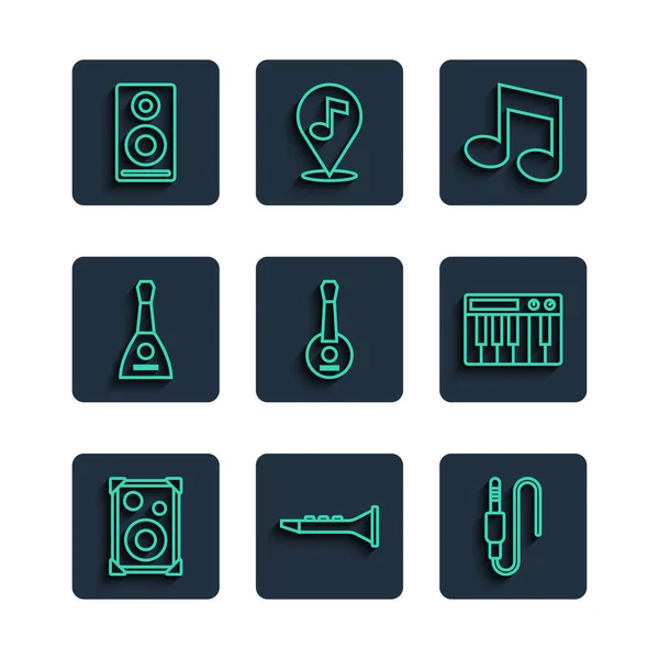 Set line Stereo speaker, Clarinet, Audio jack, Music note, tone, Banjo, Balalaika, and synthesizer icon. Vector — Stockvektor