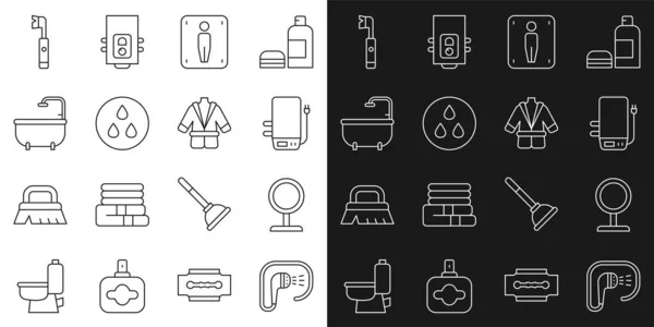 Set line Shower, Round makeup mirror, Electric boiler, Male toilet, Water drop, Bathtub, toothbrush and Bathrobe icon. Vector — Archivo Imágenes Vectoriales