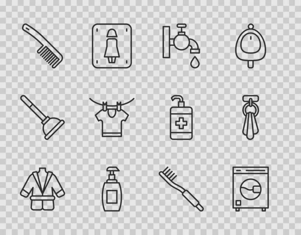 Set line Bathrobe, Washer, Water tap, Bottle of liquid soap, Hairbrush, Drying clothes, Toothbrush and Towel on hanger icon. Vector — Archivo Imágenes Vectoriales