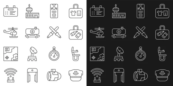 Set line Pilot hat, Airplane seat, Suitcase, Mobile with ticket, Fuel tanker truck, Helicopter, Airport board and Marshalling wands icon. Vector — Stok Vektör