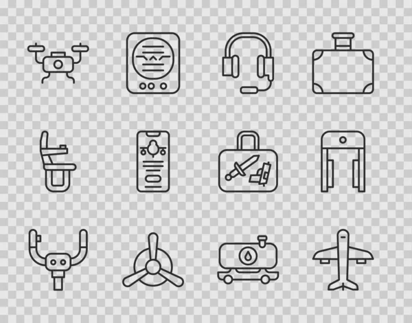 Set line Aircraft steering helm, Plane, Headphones with microphone, propeller, Drone flying, Mobile ticket, Fuel tanker truck and Metal detector airport icon. Vector — Stockvektor