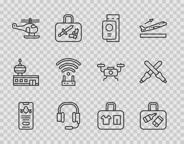 Bilet, bavul, pasaport, kulaklık, mikrofon, helikopter, yönlendirici ve wi-fi sinyali ve Marshalling asa simgesi ile cep telefonu hattını ayarlayın. Vektör