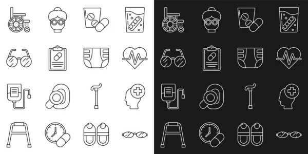 Set line Eyeglasses, Male head with hospital, Heart rate, Medicine pill or tablet, Medical prescription, Wheelchair and Adult diaper icon. Vector — стоковый вектор