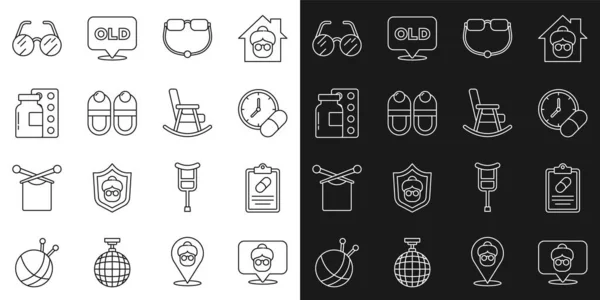 Set line Nursing home, Medical prescription, Medicine pill or tablet, Eyeglasses, Slippers, Pills blister pack, and Rocking chair icon. Vector — Stock Vector