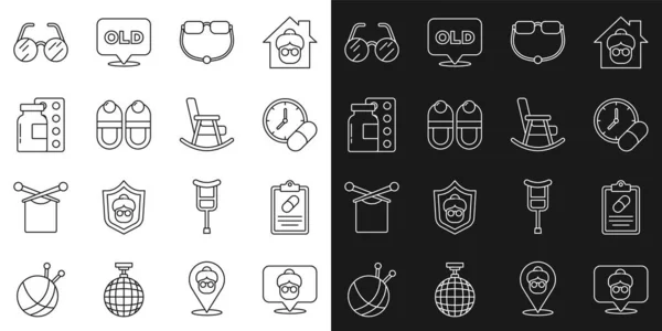 Set line Nursing home, Medical prescription, Medicine pill or tablet, Eyeglasses, Slippers, Pills blister pack, and Rocking chair icon. Vector — Stock Illustration Set line Nursing home, Medical prescription, Medicine pill or tablet, Eyeglasses, Slippers, Pills blister pack, and Rocking chair icon. Vector Stock Vector