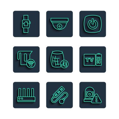 Hat yönlendirici, kablosuz ağ sinyali, elektrik uzatma kablosu, alarm zili, akıllı ev, ses asistanı, elektrikli su ısıtıcısı, akıllı saat ve Multimedya TV kutu alıcısı ikonu. Vektör