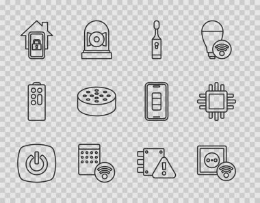 Akıllı ev, elektrik prizi, elektrikli diş fırçası, hava nemlendirici, akıllı cep telefonu, su sensörü, koruma altındaki ev ve işlemci işlemci simgesi. Vektör