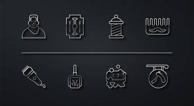 Berber dükkanındaki hat müşterisi, elektrikli saç kesicisi, saç fırçası, köpüklü sabun, faraş, jilet, berber dükkanı ve direk ikonu. Vektör