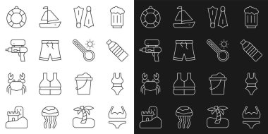 Halat mayo, bir şişe su, yüzmek için lastik yüzgeçler, mayo, su tabancası, Lifebuoy ve Meteoroloji termometre ikonu. Vektör