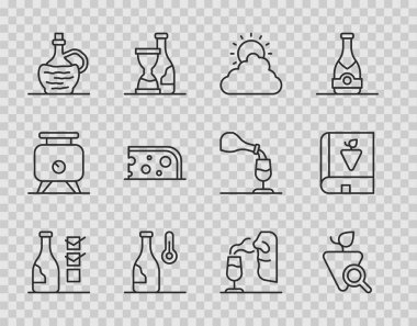 Şarap, üzüm, güneş ve bulut havası, şarap sıcaklığı, İtalyan fiyaskosu şişesi, peynir, şarap ve üzüm ikonu hakkında kitap. Vektör