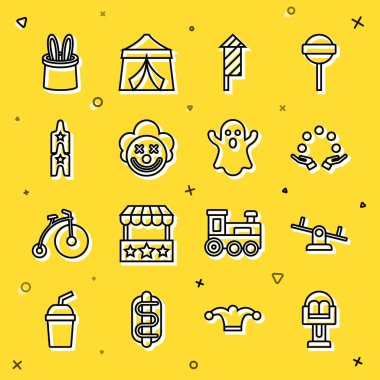 Cazibe Atlıkarınca, Tahterevalli, Hokkabaz, Havai fişek, Palyaço kafası, Sirk bileti, Sihirbaz şapkası, tavşan kulakları ve Hayalet ikonu. Vektör