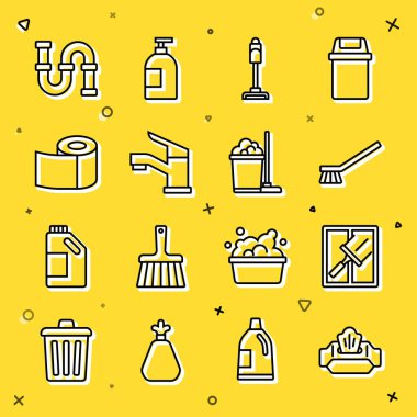 Sıralı ıslak mendil paketi, pencereler için lastik temizleyici, fırça temizleyici, süpürge, su musluğu, tuvalet kağıdı rulosu, endüstriyel metalik boru ve paspas ve kova ikonu. Vektör