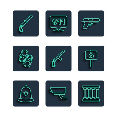 İngiliz polis miğferi, güvenlik kamerası, hapishane penceresi, tabanca ya da silah, polis lastiği cop, kelepçe ve protesto ikonu. Vektör