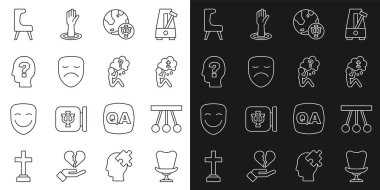 Koltuk, sarkacı, cenaze kederi, psikoloji, psişik, dramatik maske, kafada soru işareti ve ikon. Vektör