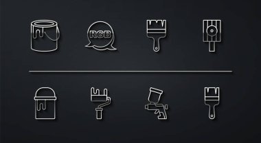 Çizgi boya kovası, sprey başlık, sprey tabanca, tekerlekli fırça, RGB ve ikon. Vektör