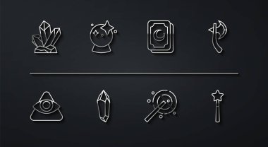 Sihirli taş, Tanrı 'nın her şeyi gören gözü, tahta balta, değnek, top ve Tarot kartı ikonu. Vektör