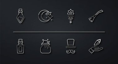 İksirli şişe, cadı süpürgesi, sihirbaz, kazan, ay ve yıldızlar, ateş ikonunda taş ve kılıç. Vektör