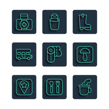 Kamp yeri, çatal ve kaşık, çay fincanı, su geçirmez lastik bot, kağıt havlu rulosu, karavan, ilk yardım çantası ve mantar ikonu. Vektör