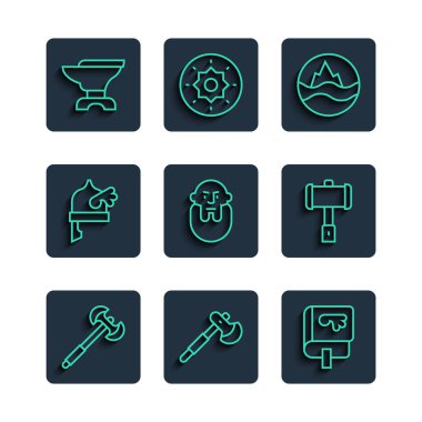 Ortaçağ kutup baltası, tahta, Viking kitabı, deniz ve dalgalar, kafa, boynuzlu miğfer demircilik için örs ve çekiç ikonu. Vektör