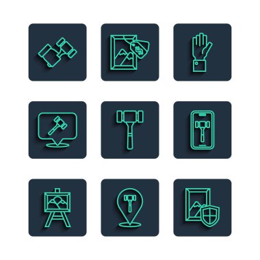 Açık artırma tablosu, çekiç açık arttırması ve internet ikonu. Vektör