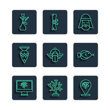 Horus 'un Gözü' nü monitöre al, Coral, Mısırlı adam, Scarab, vazo, nargile ve kelebek balık ikonu. Vektör