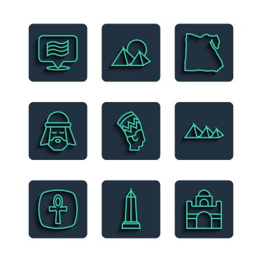 Çizgi Çapraz Ankh, İskenderiye Obelisk, Mısır evi, harita, Nefertiti, adam, Bayrak Of ve piramitler simgesi. Vektör