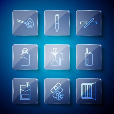 Sıralı sigara paketleri, tıbbi nikotin bantları, çanta, sigara içmek yasak, nargile, Vape sıvı şişesi, ateşle yanan kibrit ve elektronik sigara ikonu. Vektör