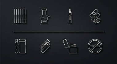 Sabit hat sigara, elektronik sigara, tıbbi nikotin bantları, çakmak, sarma kağıtlar, Bong, sigara ve ikon yasak. Vektör