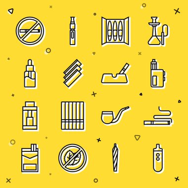 Elektronik sigara, sigara, Vape mod cihazı, rulo kağıtlar, sıvı şişe, sigara ve ikonlu küllük yasak. Vektör