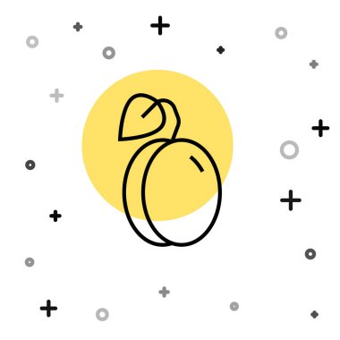 Beyaz arkaplanda siyah çizgi erik meyvesi ikonu izole edildi. Rastgele dinamik şekiller. Vektör