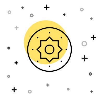 Beyaz arka planda siyah çizgi kalkan Viking ikonu izole edildi. Yuvarlak ahşap kalkan. Güvenlik, güvenlik, koruma, mahremiyet, koruma kavramı. Rastgele dinamik şekiller. Vektör