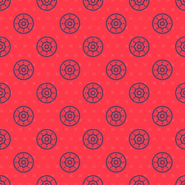 Blue line Shield viking icon isolated seamless pattern on red background. Round wooden shield. Security, safety, protection, privacy, guard concept. Vector